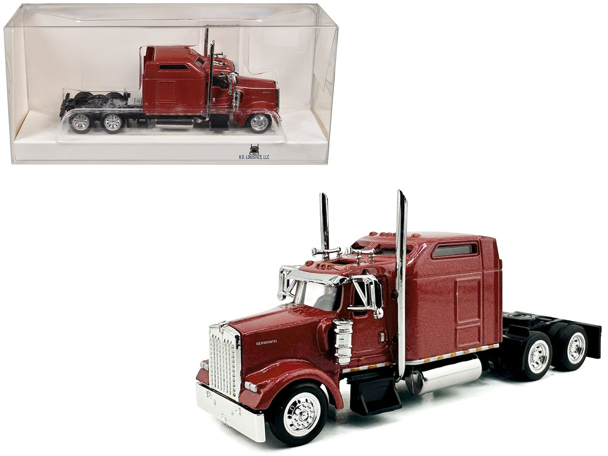 Red metallic Kenworth W900L truck tractor model with sleeper cab in 1/87 scale, by Miniature Motors, detailed HO Logistics plastic replica