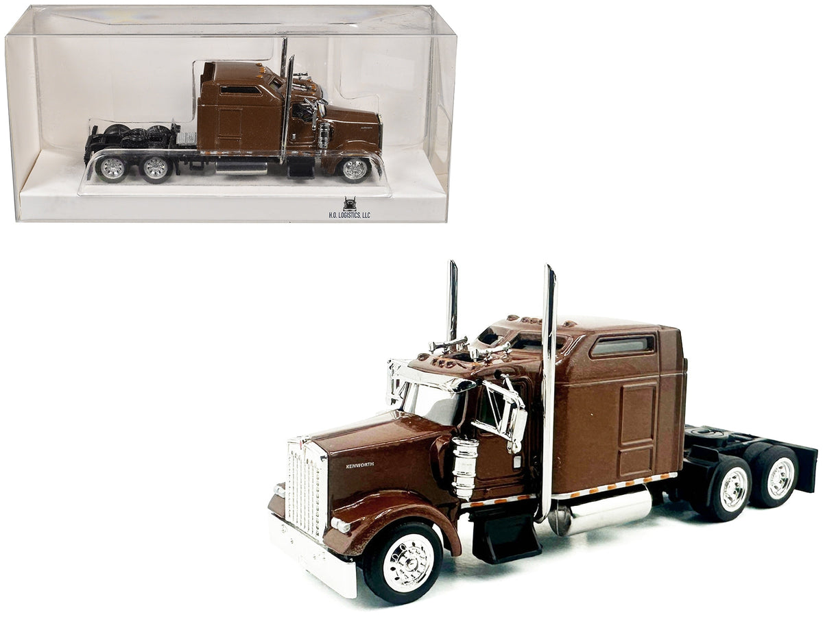 Brown metallic Kenworth W900L truck tractor model with sleeper cab, HO scale plastic miniature by Miniature Motors.