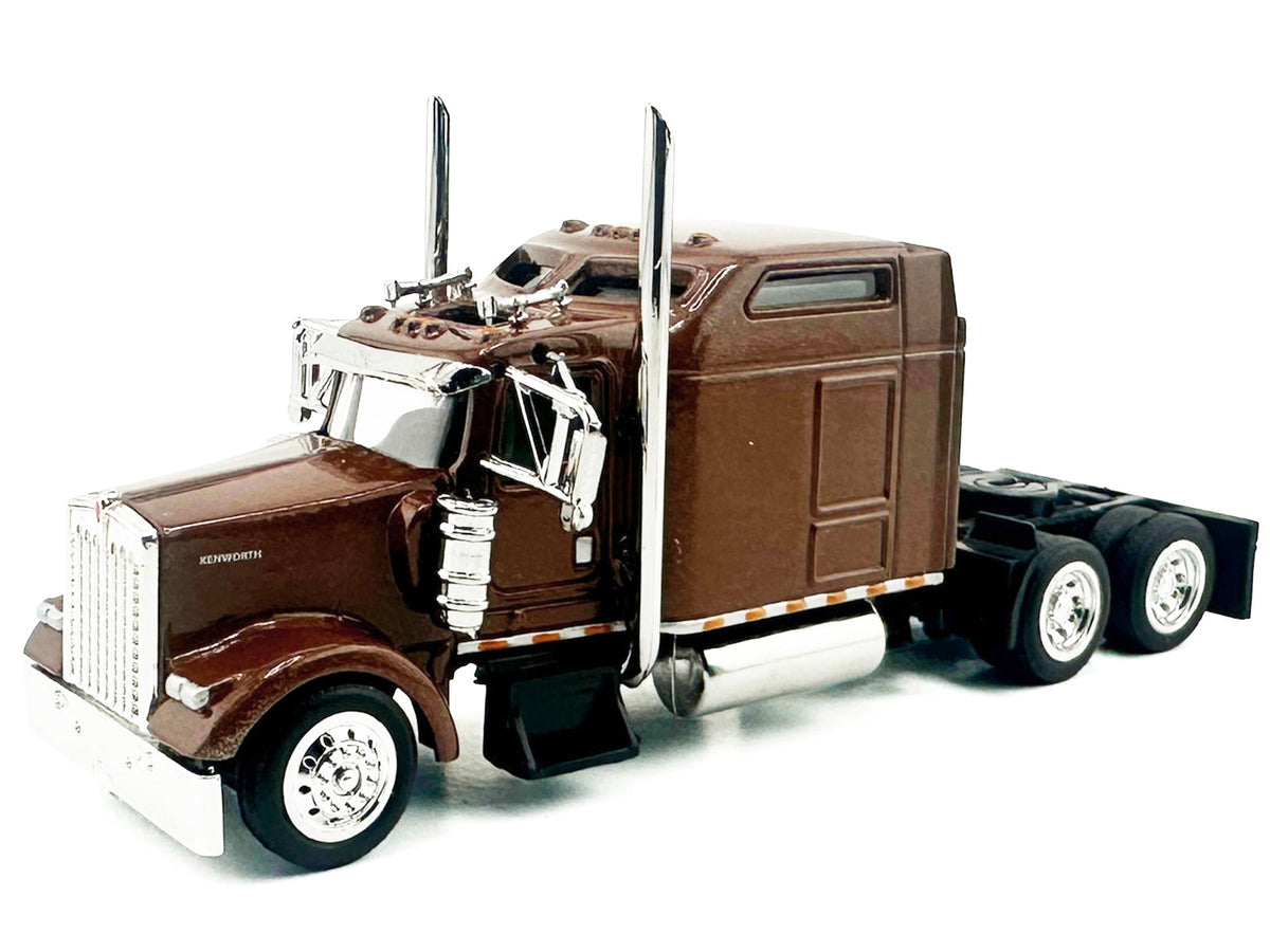 Miniature Motors Kenworth W900L truck tractor model with sleeper cab in brown metallic, HO scale plastic collectible car.