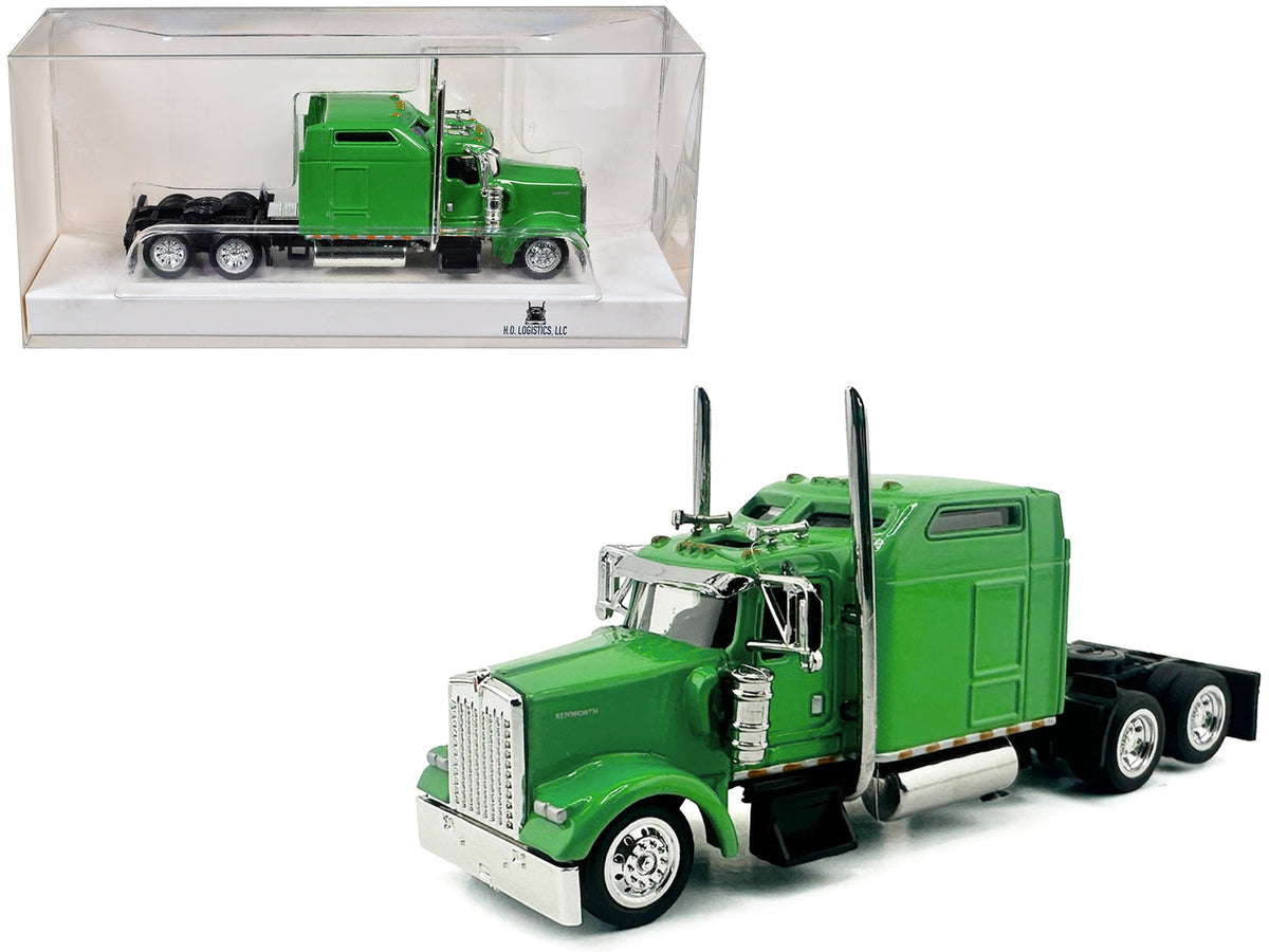 Lime green Kenworth W900L truck tractor model with sleeper cab in 1/87 scale, by Miniature Motors, detailed plastic model car.