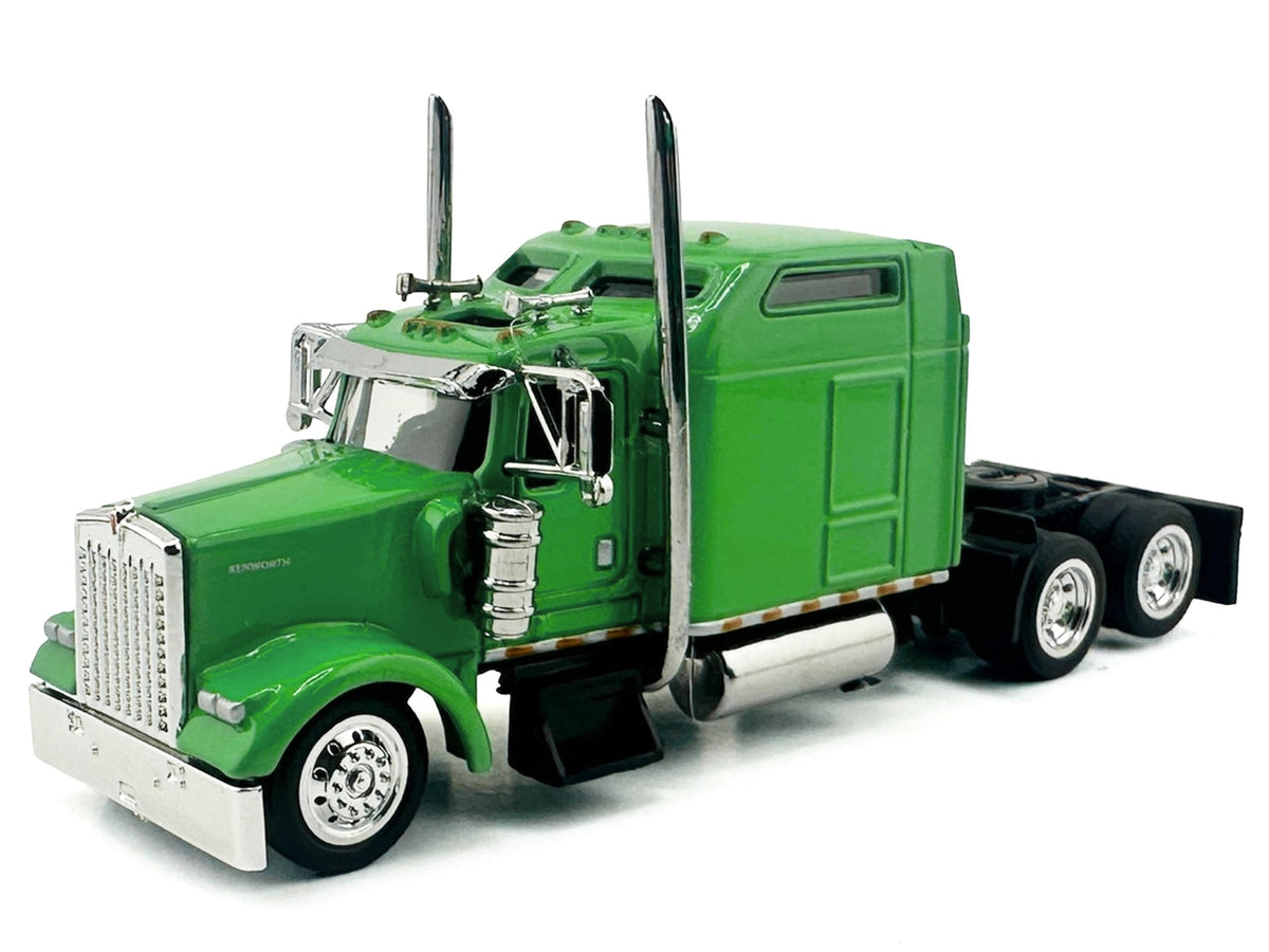 Lime green Kenworth W900L truck tractor model with sleeper cab in 1/87 scale, detailed plastic model by Miniature Motors.