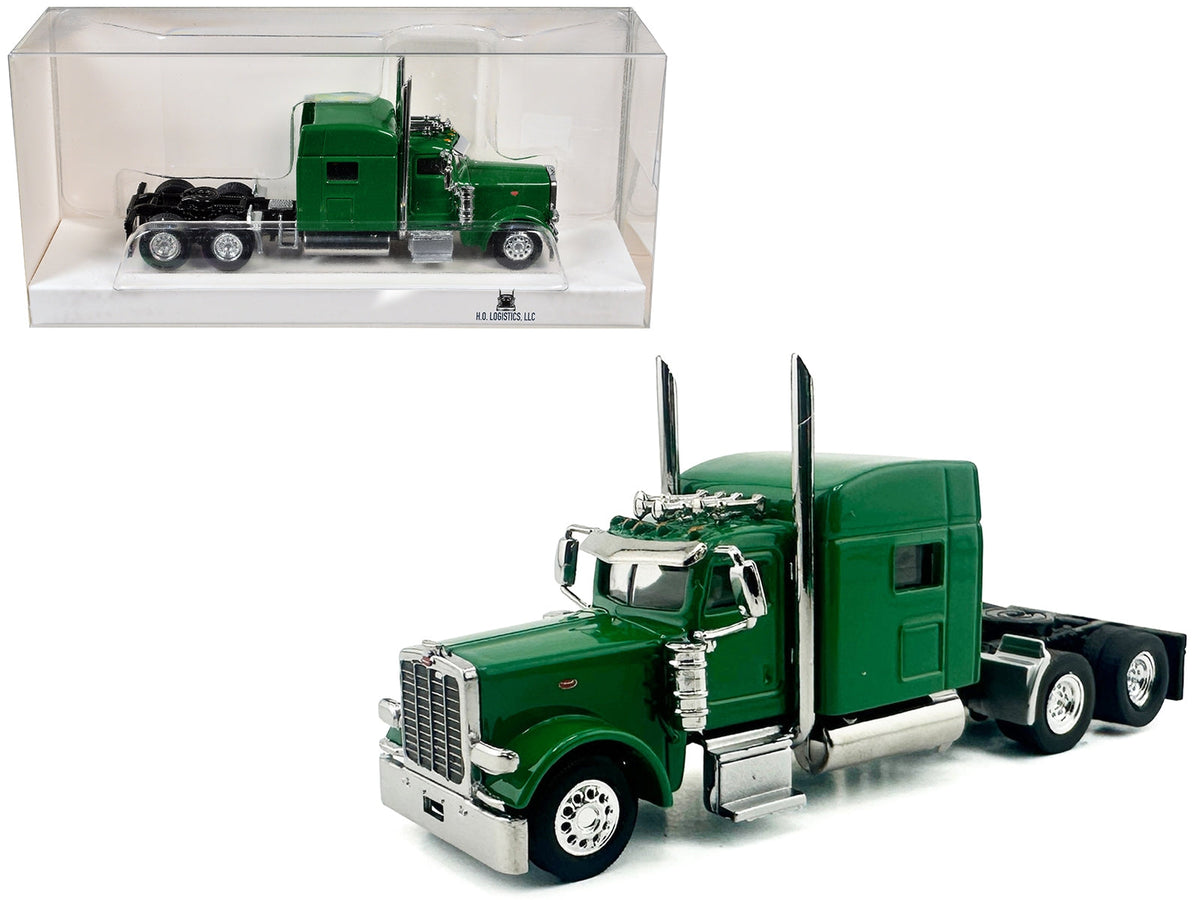 Green Kenworth W900L truck tractor model with sleeper cab in 1/87 scale, detailed plastic replica by Miniature Motors.