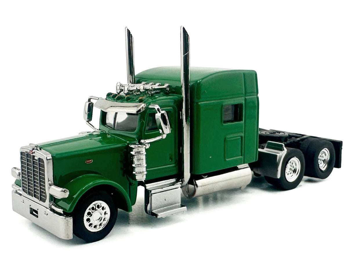 Green Kenworth W900L truck tractor model with sleeper cab in 1/87 scale, detailed plastic replica by Miniature Motors.