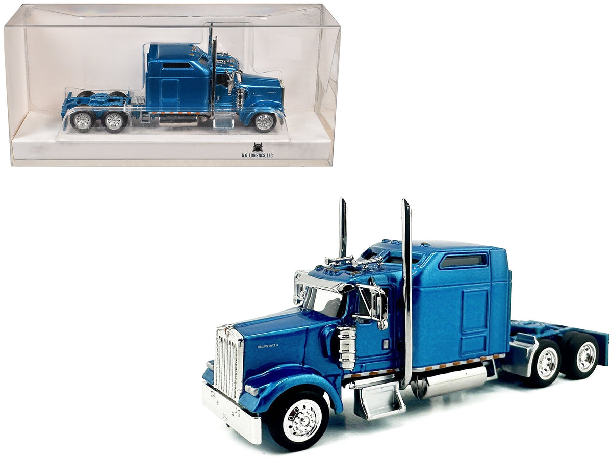 Blue metallic Kenworth W900L truck tractor model with sleeper cab, 1/87 scale plastic miniature by Miniature Motors.