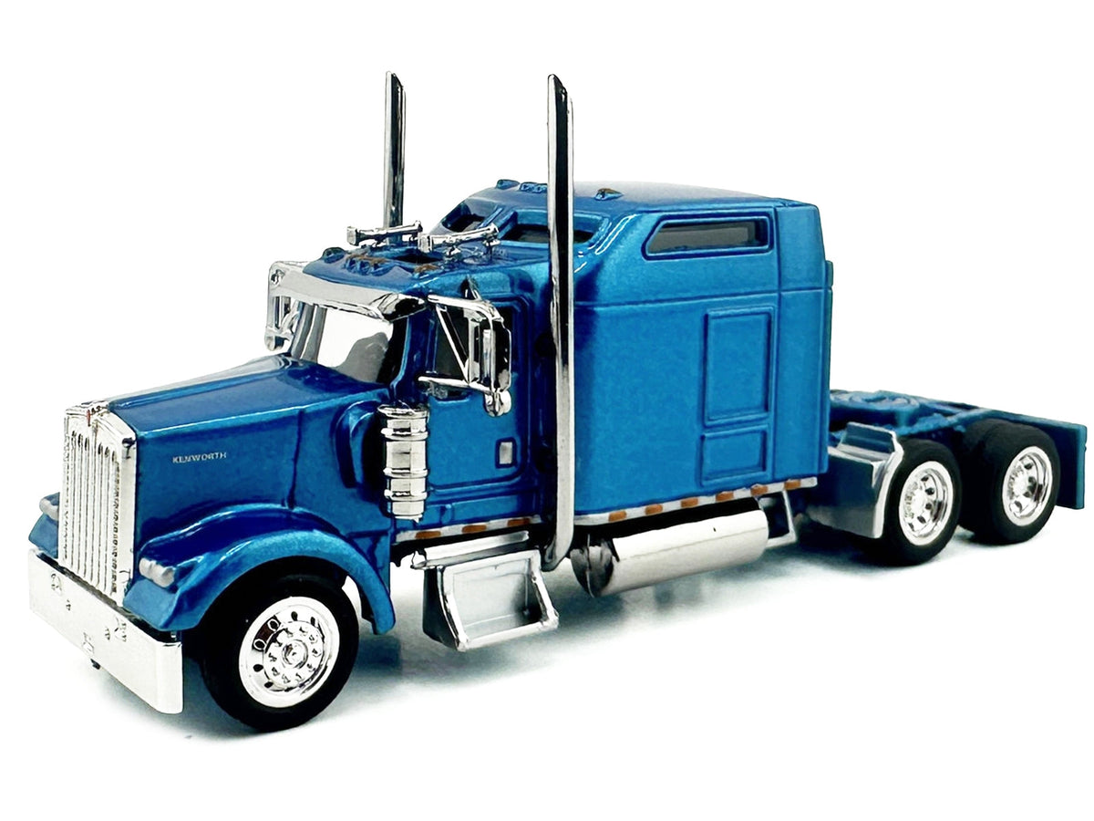 Blue metallic Kenworth W900L truck tractor model with sleeper cab in 1/87 scale, detailed plastic model by Miniature Motors.