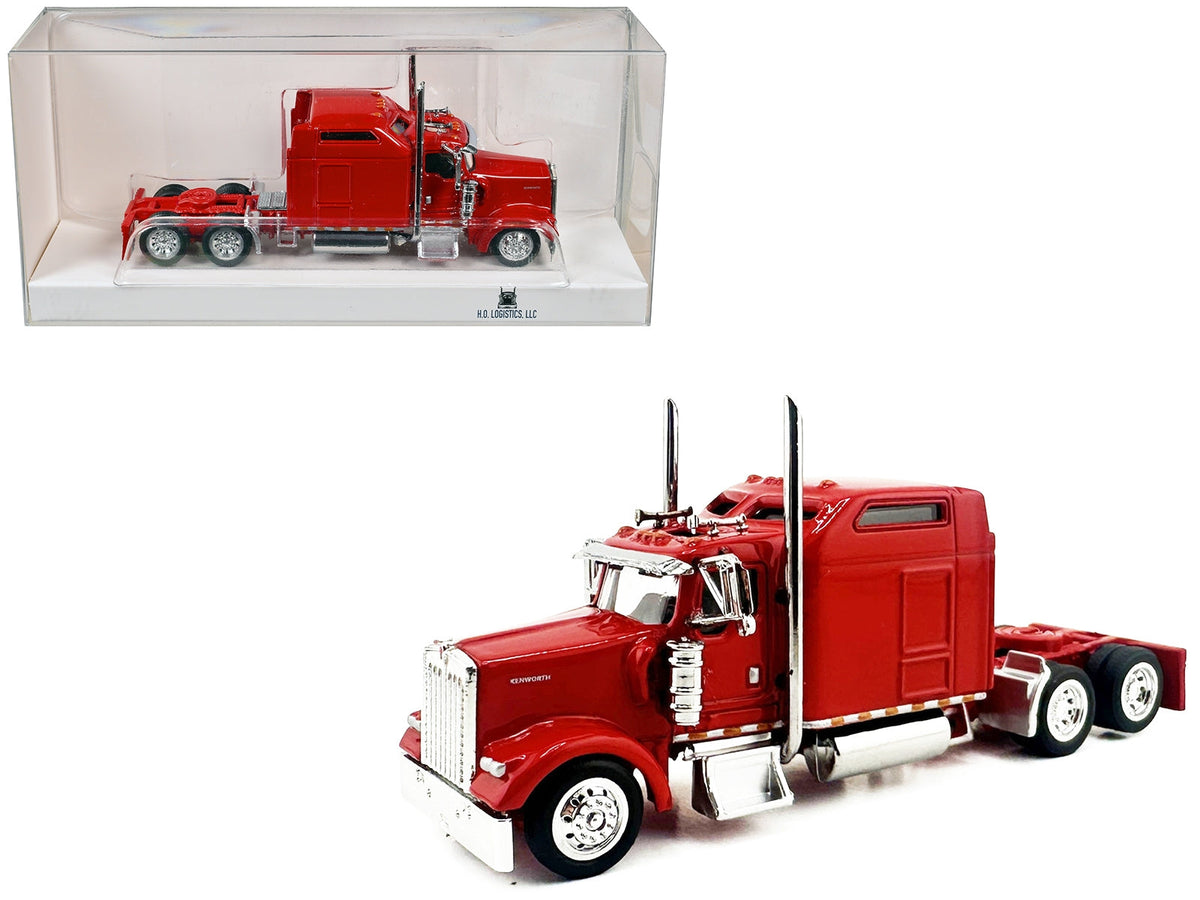 Red Kenworth W900L truck tractor with sleeper cab miniature model by Miniature Motors, 1/87 scale plastic truck model.