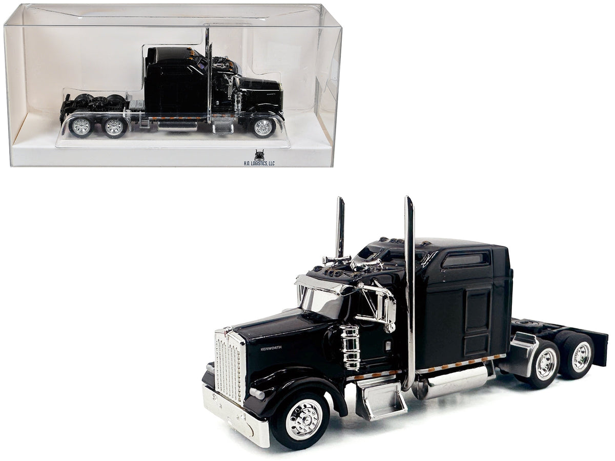 Black Kenworth W900L truck tractor model with sleeper cab in 1/87 scale, detailed plastic model by Miniature Motors for HO scale.