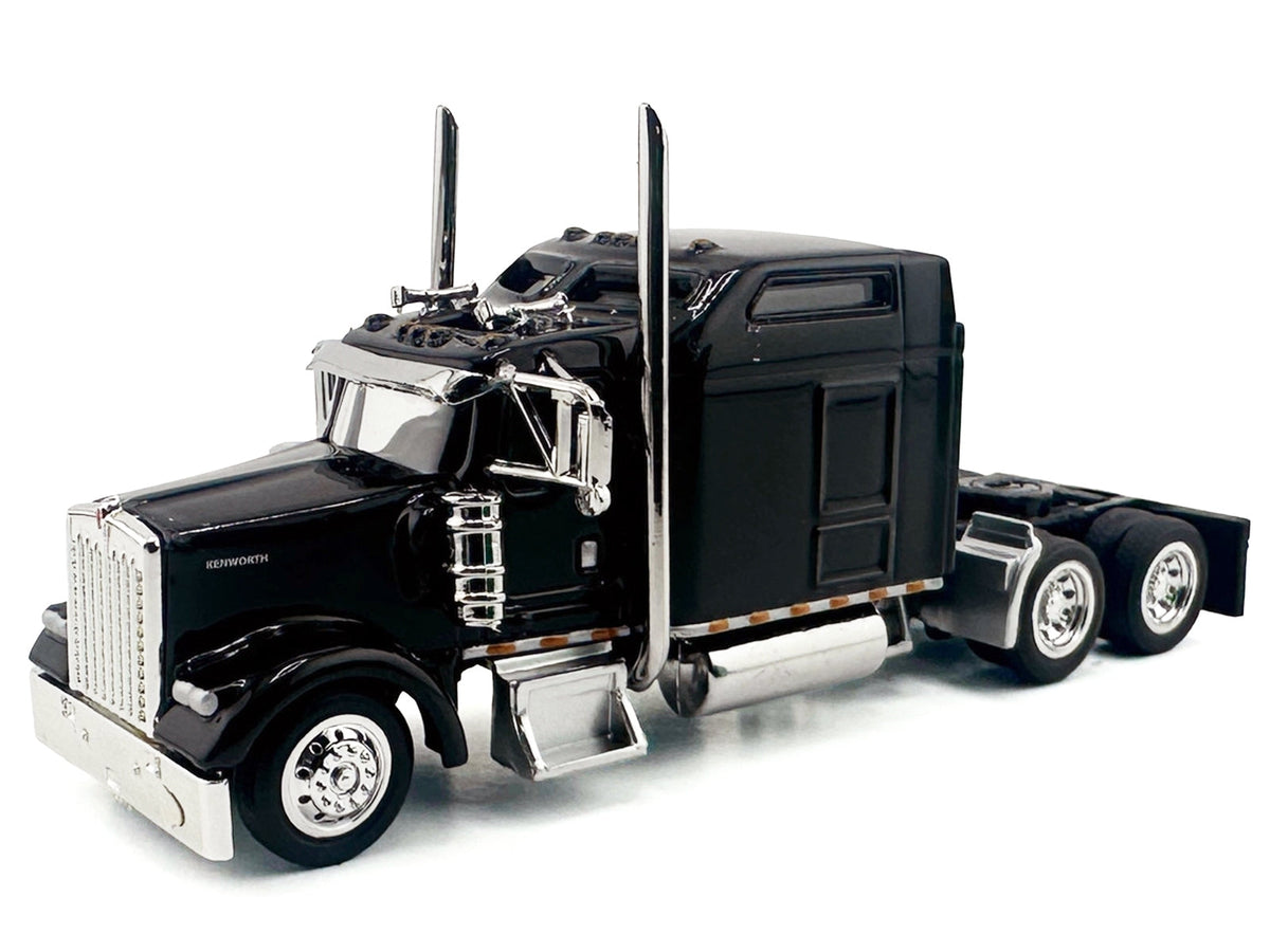 Black Kenworth W900L truck tractor with sleeper cab miniature model by Miniature Motors, detailed 1/87 scale plastic car.