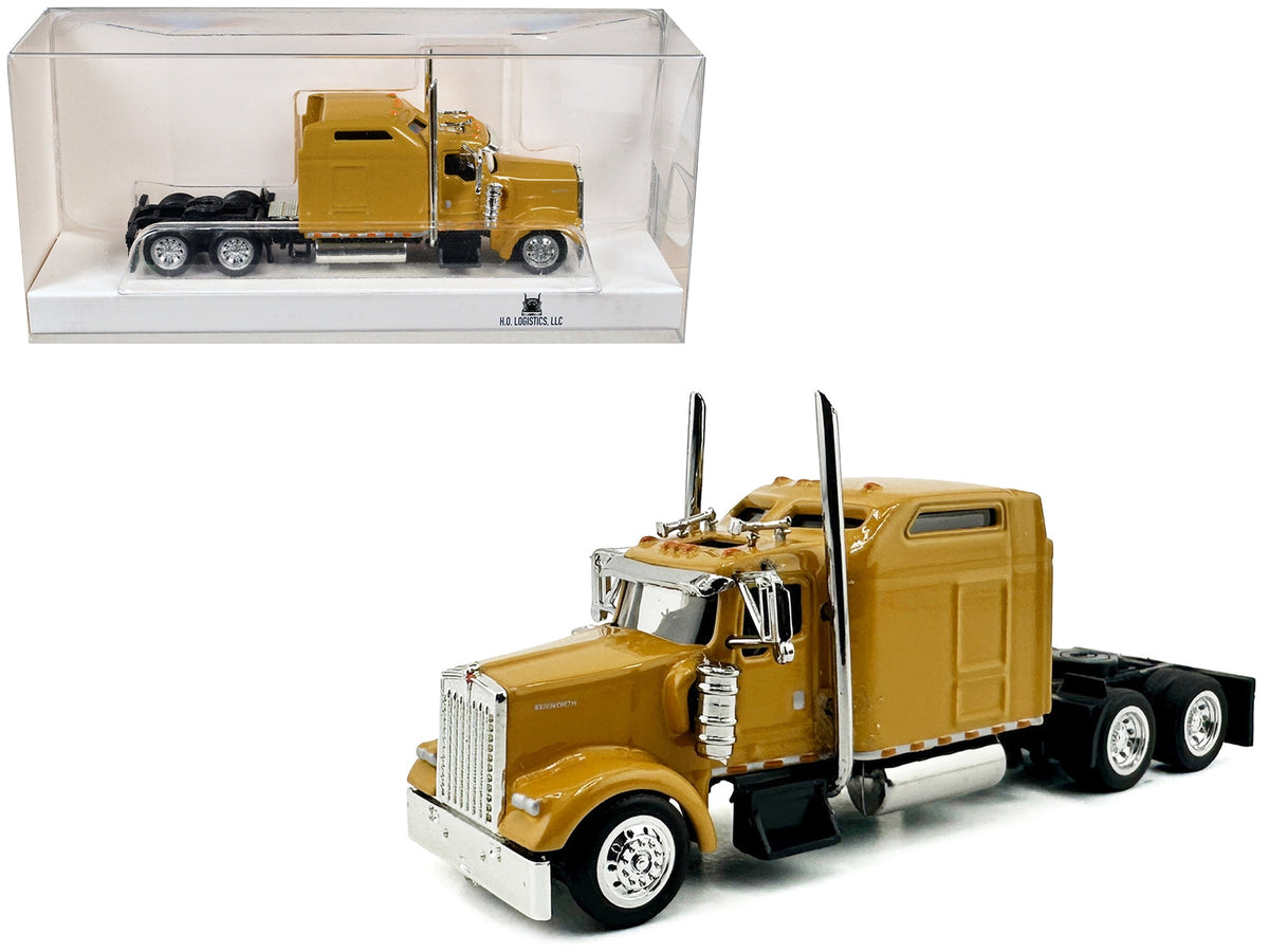 Yellow Kenworth W900L truck tractor model with sleeper cab in 1/87 scale by Miniature Motors, detailed plastic model car.