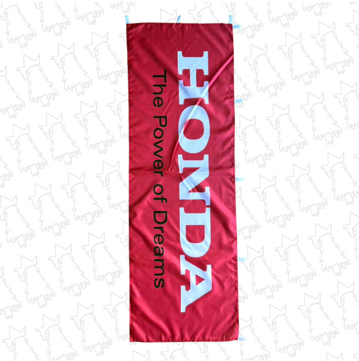 Red Honda The Power Of Dreams Nobori Flag by Evergreen Kings with bold lettering, fluttering in the wind.