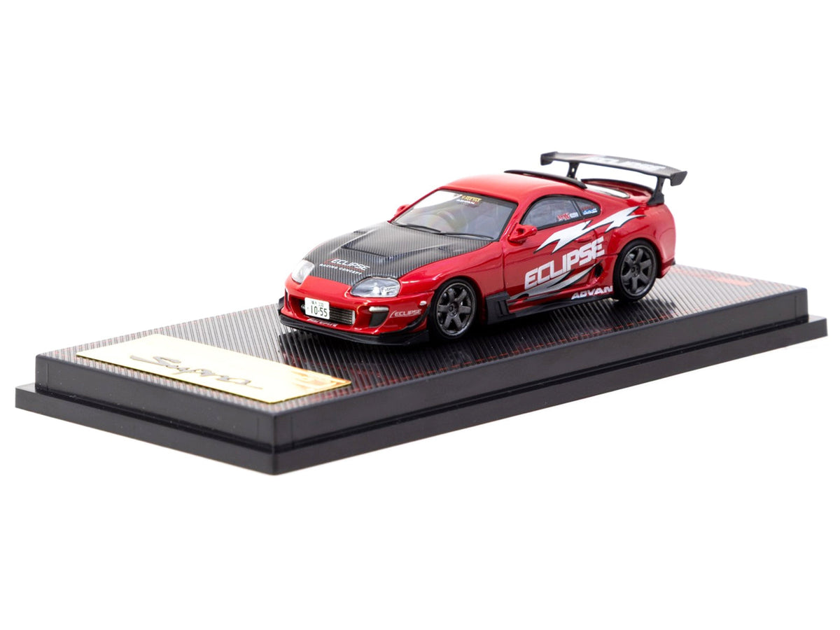 Red Toyota Supra JZA80 RZ diecast model by Miniature Motors, featuring carbon hood and detailed exterior.