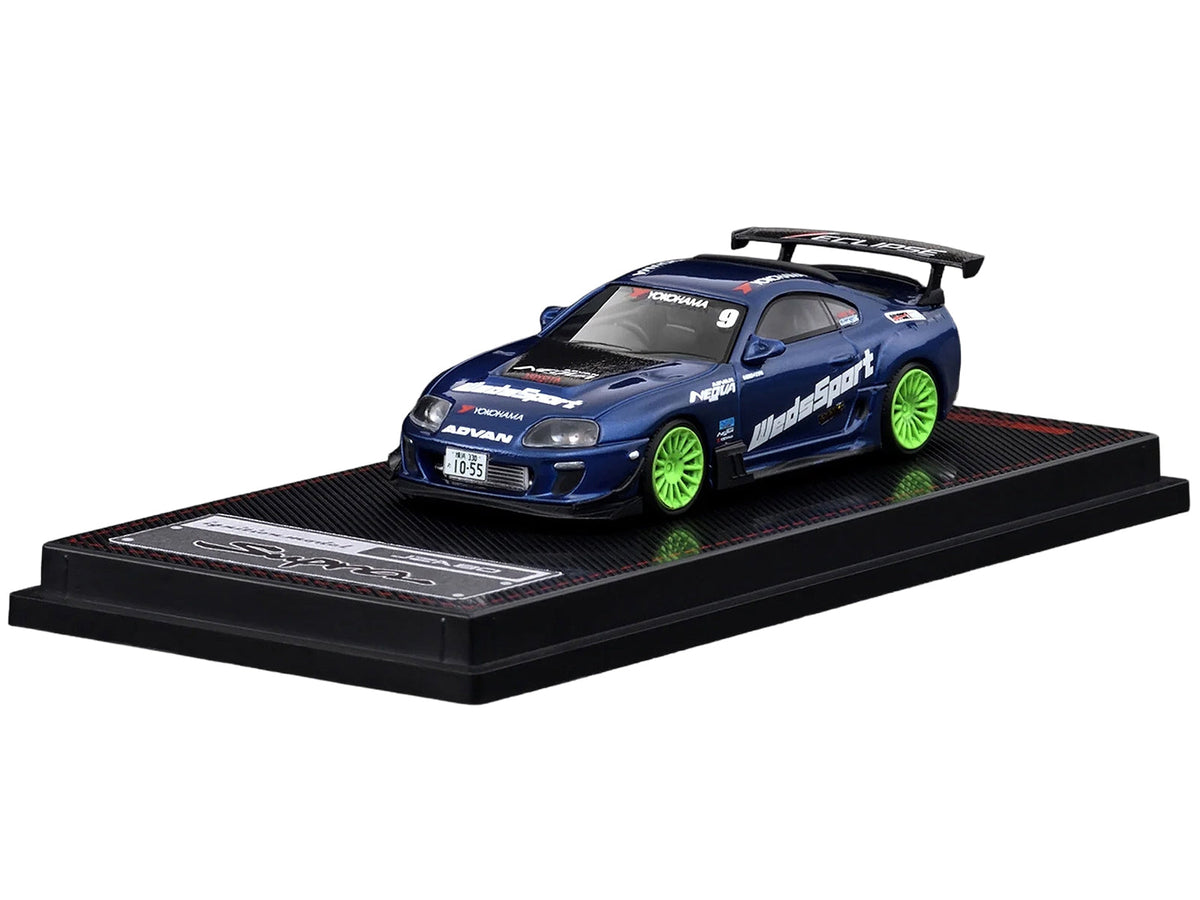 Blue metallic Toyota Supra JZA80 RZ diecast model car by Ignition Model, detailed WedsSport graphics, right-hand drive, 1/64 scale.