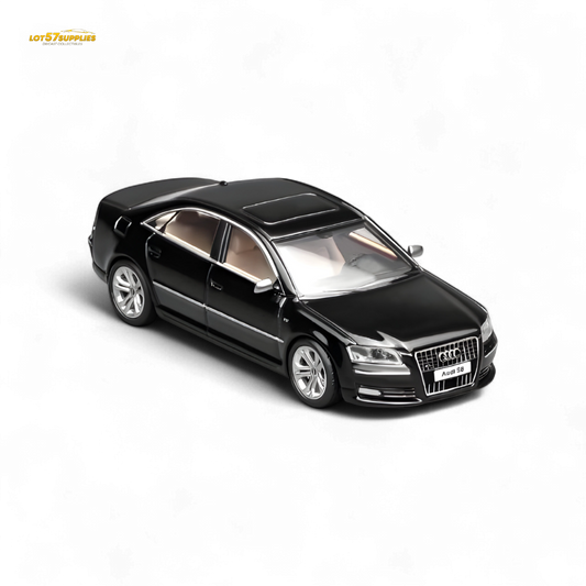Diecast Audi S8 D3 model in brilliant black, 1:64 scale from Lot57Supplies Diecast Shop, showing detailed exterior features.