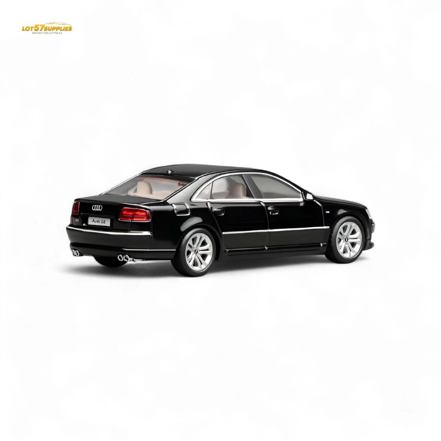 Detailed image of a 1:64 scale Motorhelix Audi S8 D3 diecast car in brilliant black, showcasing the sleek exterior design.