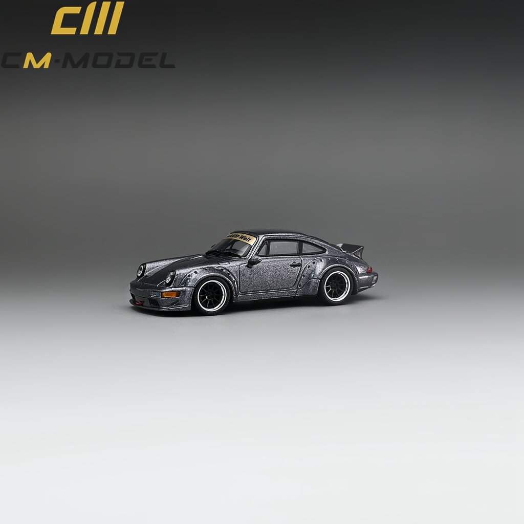 Metallic gray 1:64 scale Porsche 964 Widebody diecast model by Lot57Supplies Diecast Shop, detailed view of the miniature sports car.