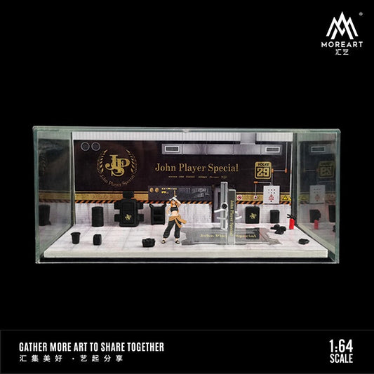 MoreArt 1:64 scale JPS livery diecast car from Lot57Supplies, showcasing detailed automotive repair workshop design.