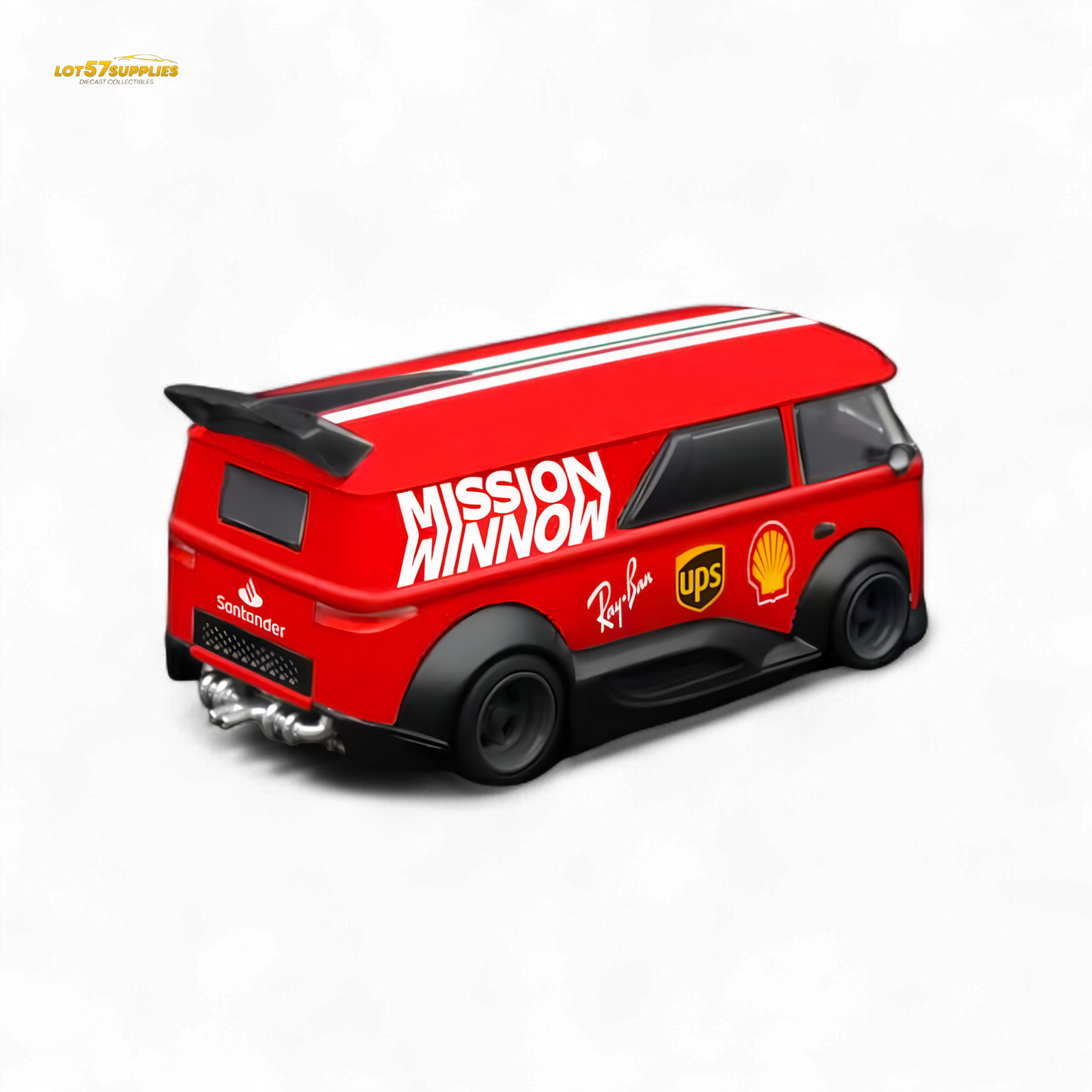 Red Mini Dream Volkswagen T1 RWB Van diecast model in 1:64 scale with WM livery, detailed miniature vehicle for collectors.