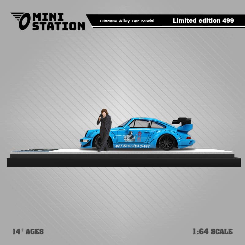 Blue Mini Station Porsche 911 964 RWB HIDEYOSHI diecast model in 1:64 scale, detailed Porsche collectible vehicle.