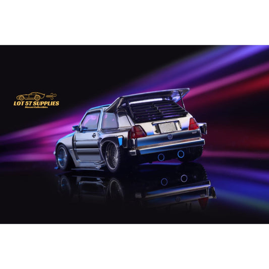 Silver chrome Liberty64 Volkswagen VW MK2 widebody diecast model in 1:64 scale, detailed and realistic.