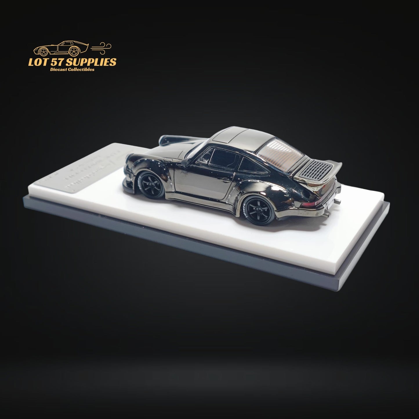 Chrome gunmetal gray 1:64 scale Porsche RWB 930 diecast model by Lot57Supplies Diecast Shop, detailed view of the collectible car.