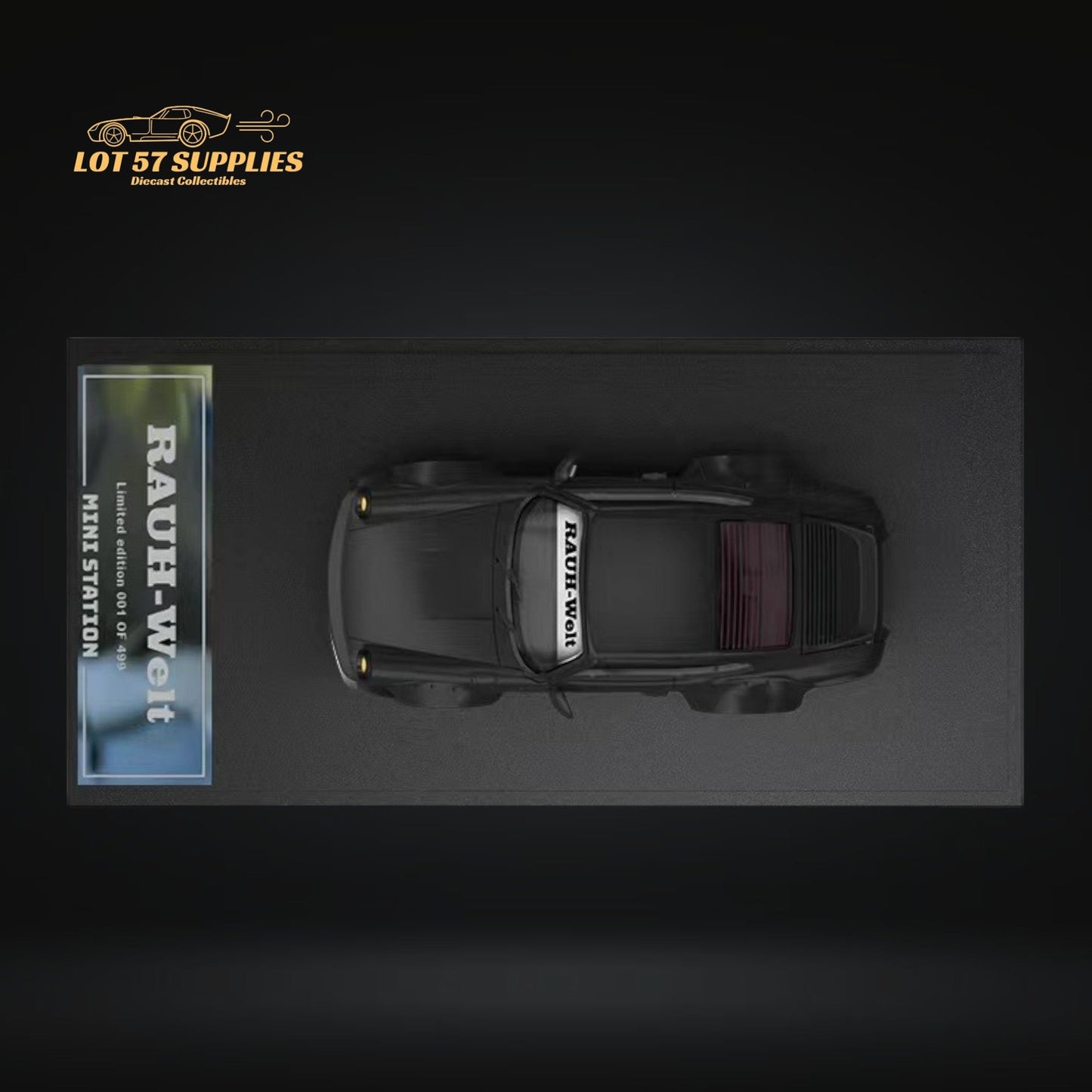 Mini Station Porsche RWB 964 diecast model in Samurai Black, 1:64 scale, showcasing detailed Porsche design and RWB styling