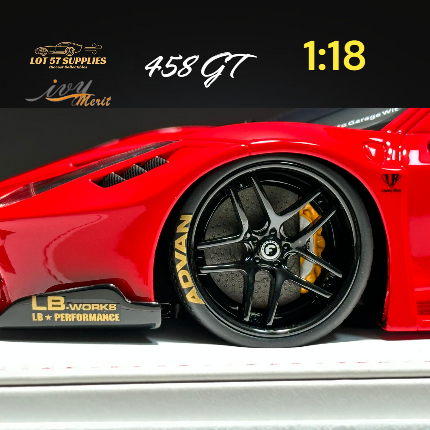 Red Ferrari 458 GT diecast model by Ivy Merit, detailed 1:18 scale with realistic features, showcasing a sleek sports car design.