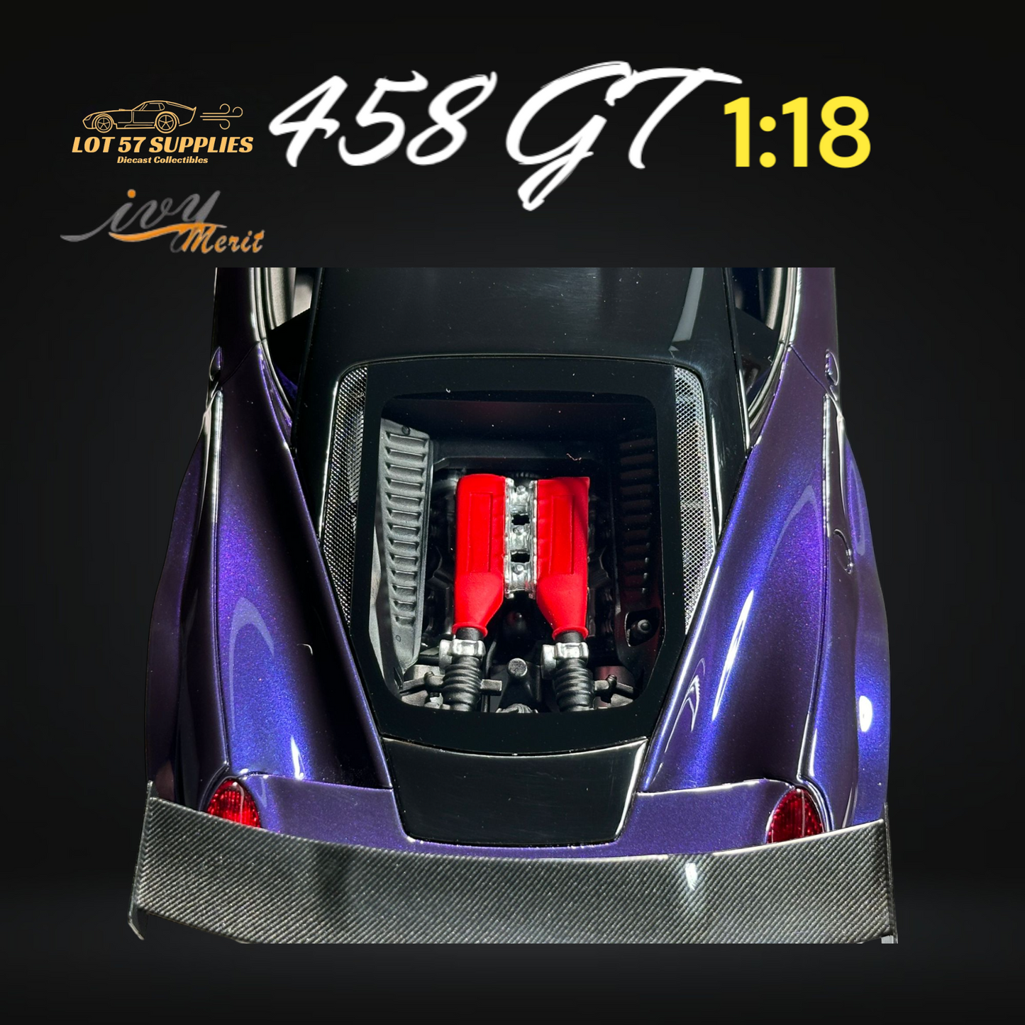 Purple Ferrari 458 GT diecast model by Ivy Merit, 1:18 scale, detailed replica from Lot57Supplies Diecast Shop.