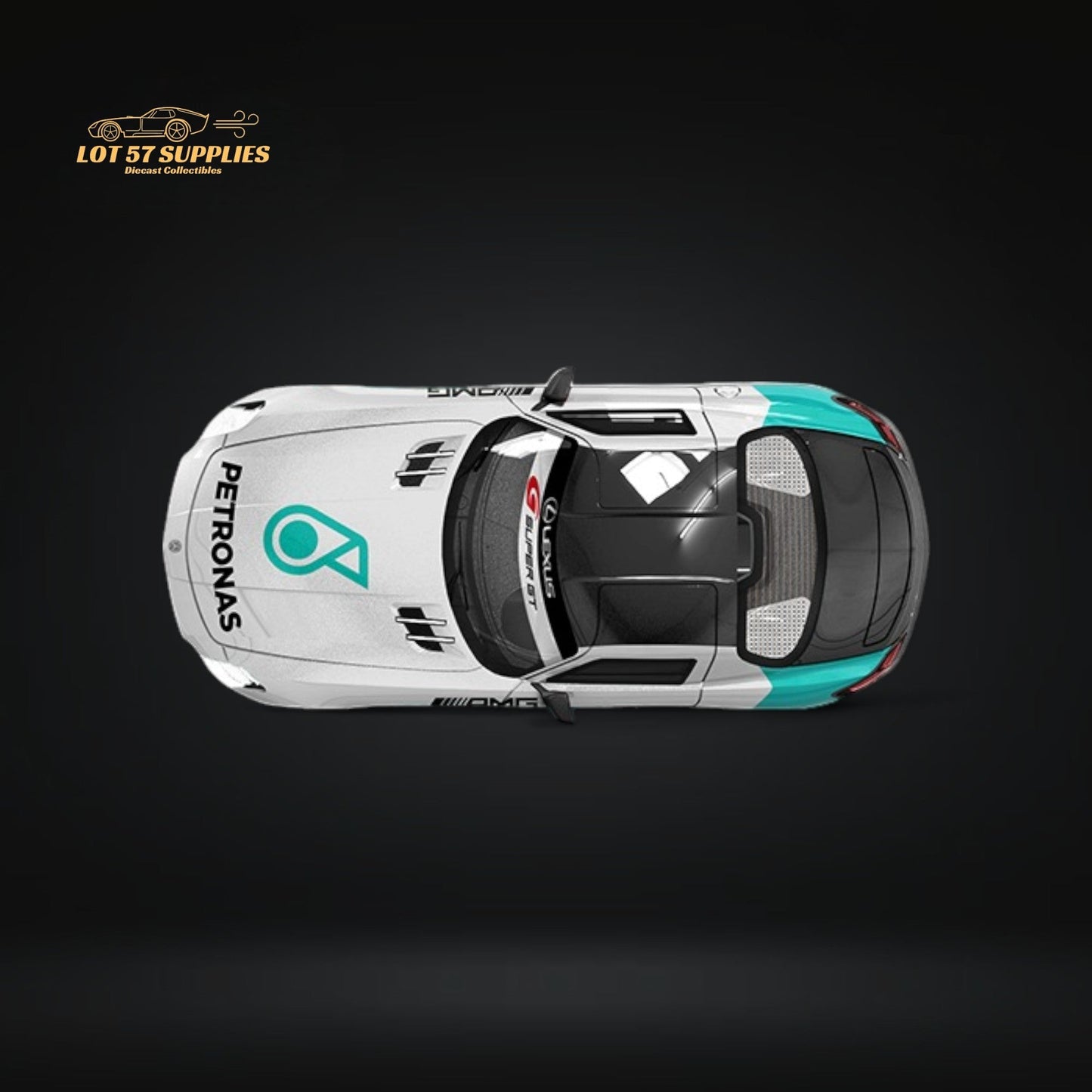 Mercedes-Benz SLS diecast model in Petronas livery, 1:64 scale, detailed silver and green design by Lot57Supplies Diecast Shop