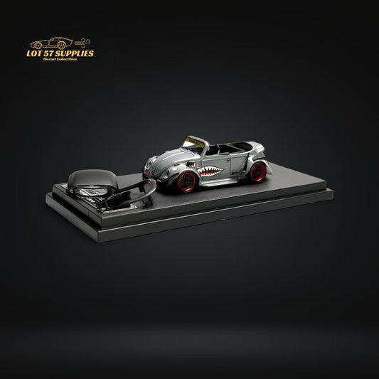 Gray HKM Model VW Beetle Convertible diecast car with shark mouth design, 1:64 scale from Lot57Supplies Diecast Shop.
