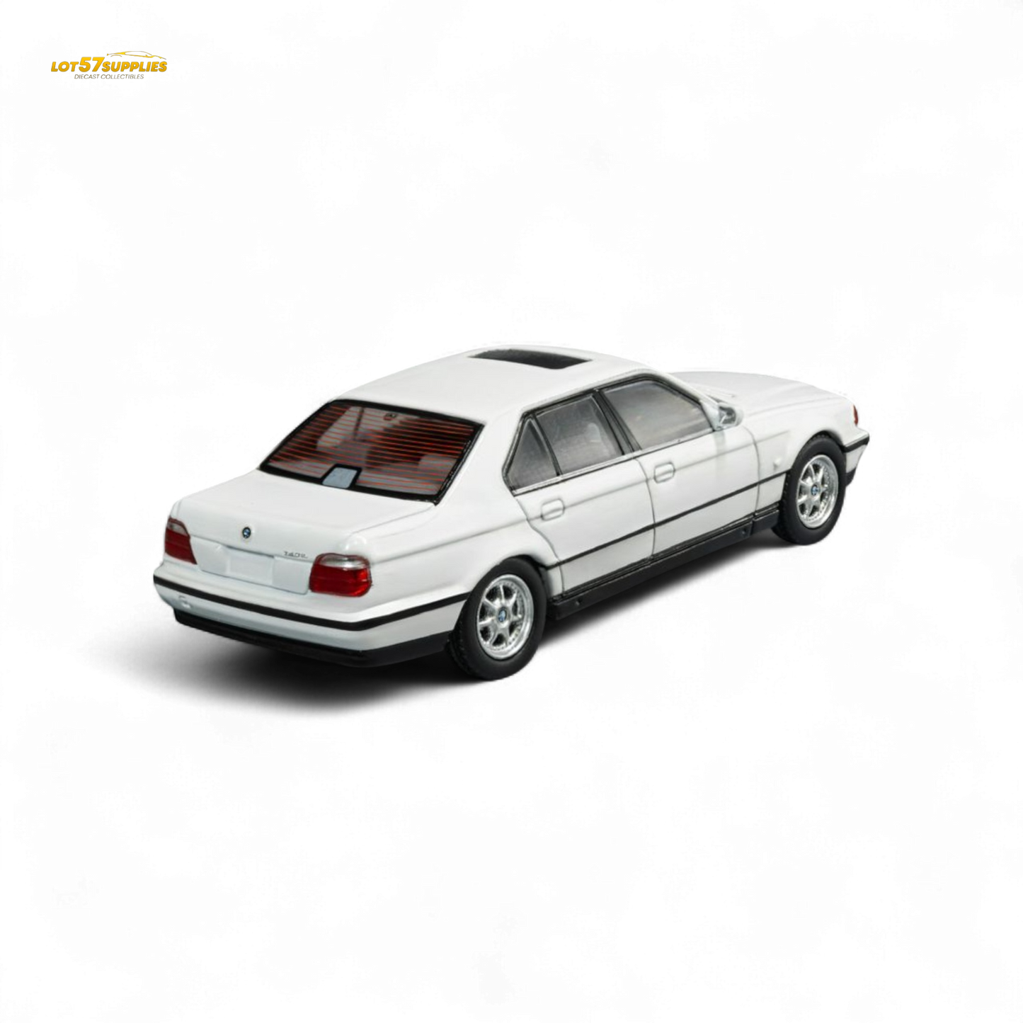 Diecast model of a BMW E38 740iL in 1:64 scale by Lot57Supplies Diecast Shop, detailed miniature car with realistic features