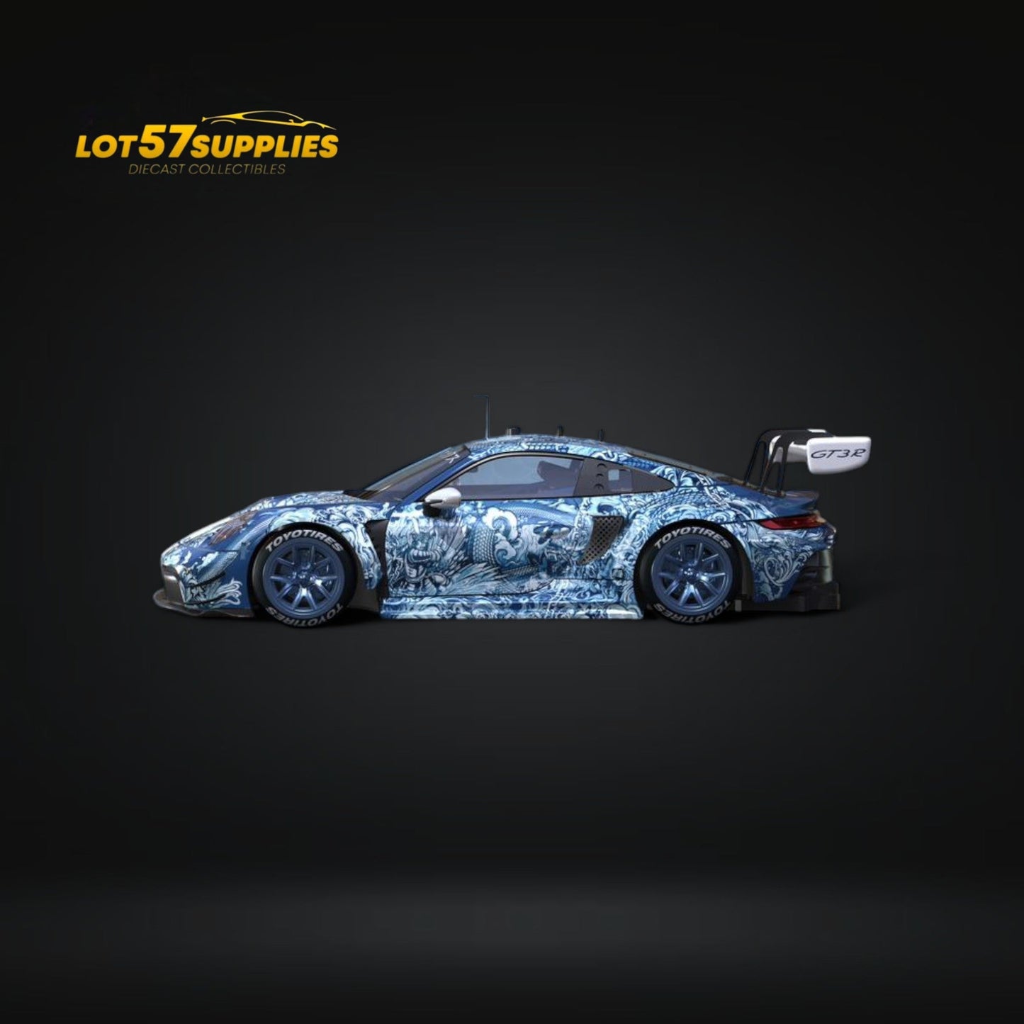 Green Ocean Porsche 911 GT3 R diecast model in 1:64 scale by Lot57Supplies Diecast Shop, showing detailed exterior and racing design.