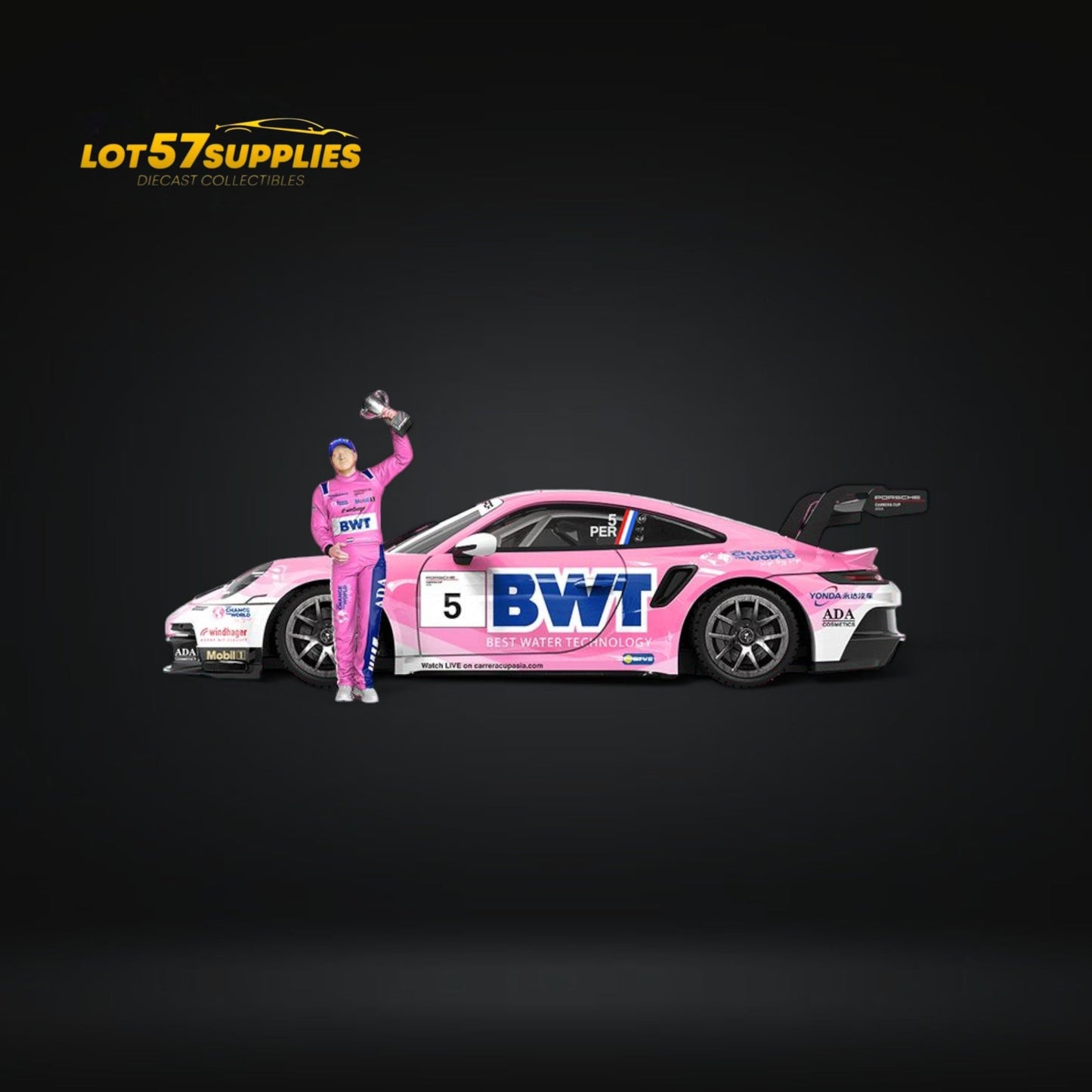 Diecast Porsche 911 GT3 Cup car in BWT Pink livery with figure, 1:64 scale, featuring detailed design and vibrant colors.