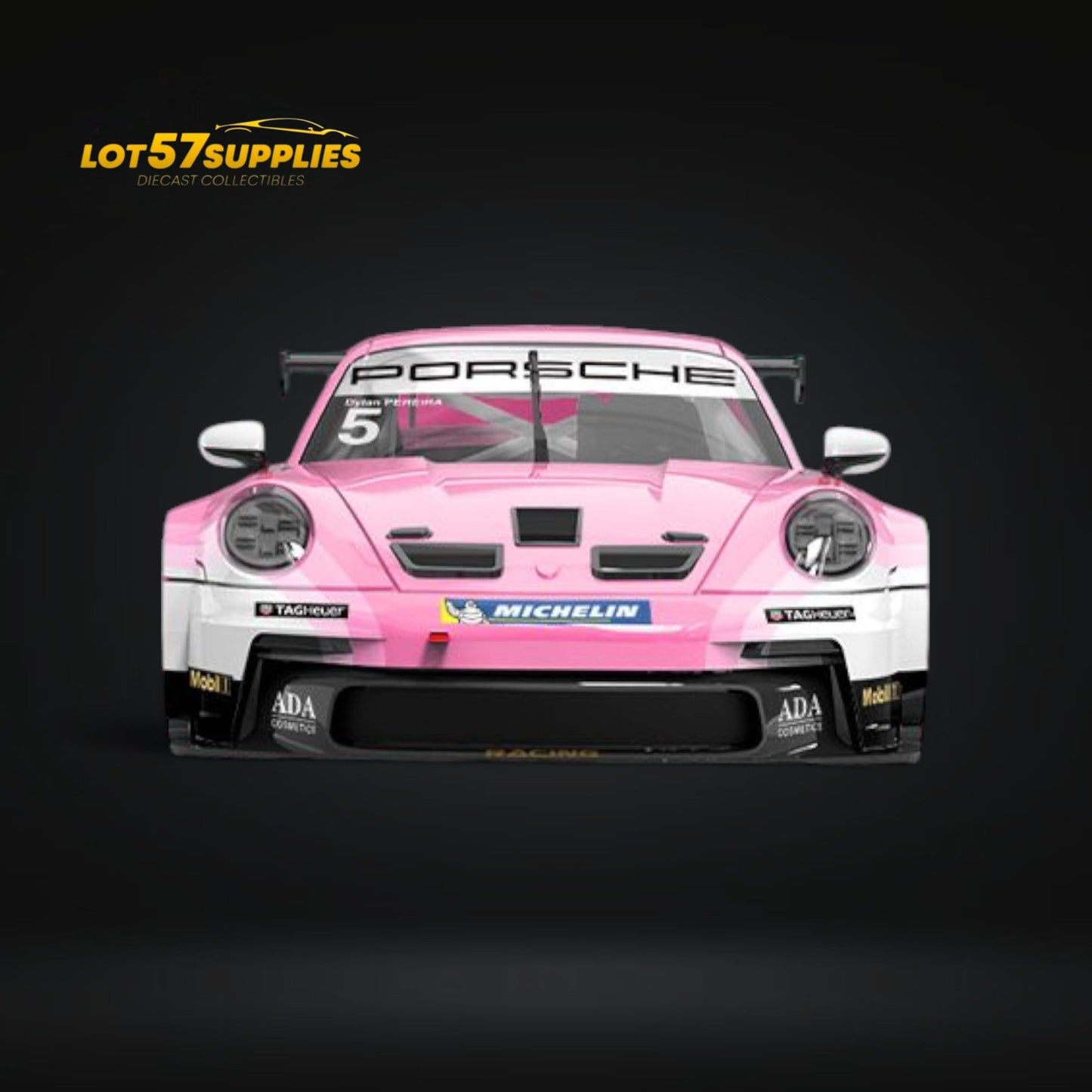 Diecast Porsche 911 GT3 Cup BWT Pink Livery 1:64 scale model by Lot57Supplies Diecast Shop, detailed view of the miniature race car.