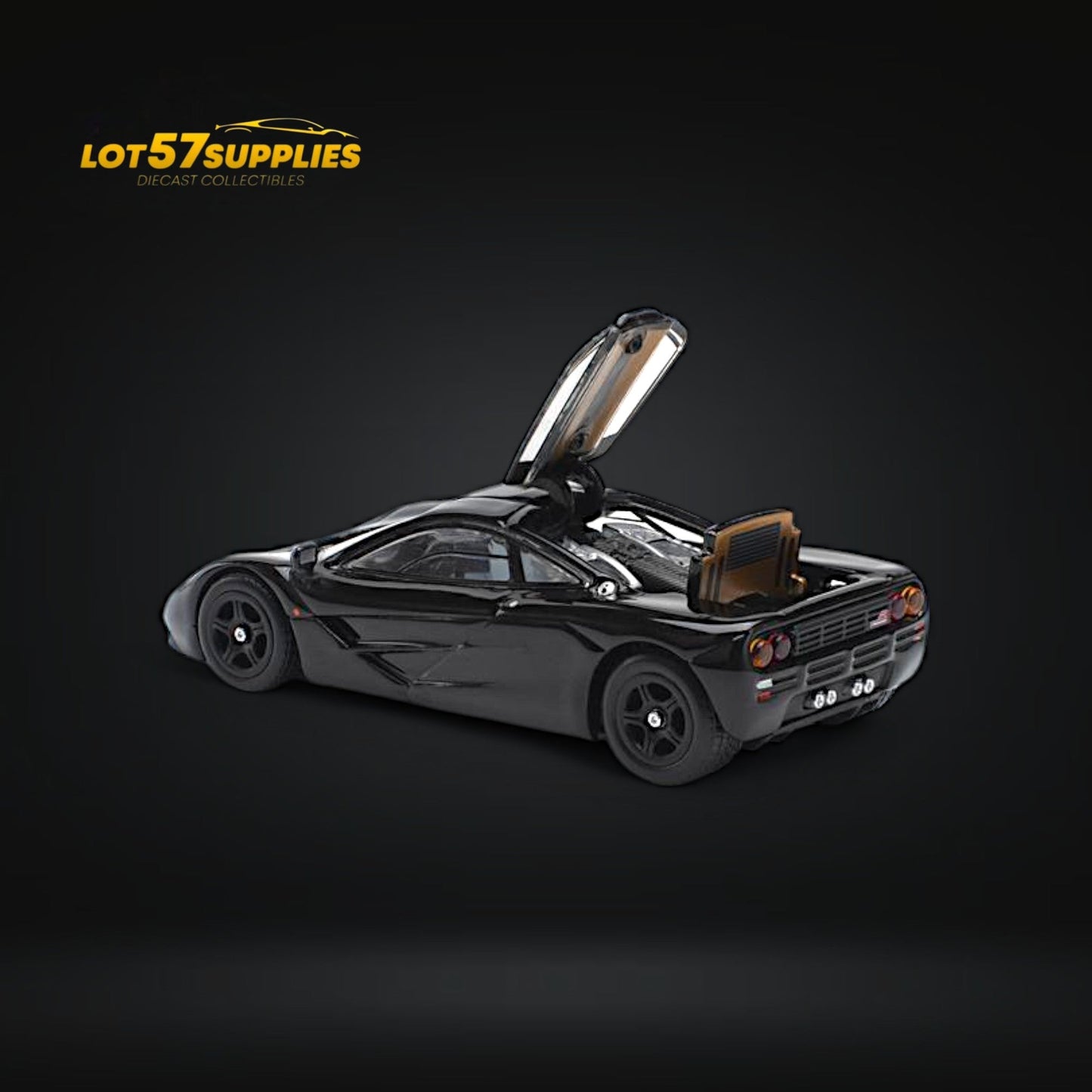 Black McLaren F1 diecast model by Pop Race, 1:64 scale, featuring detailed design and sleek jet black finish.