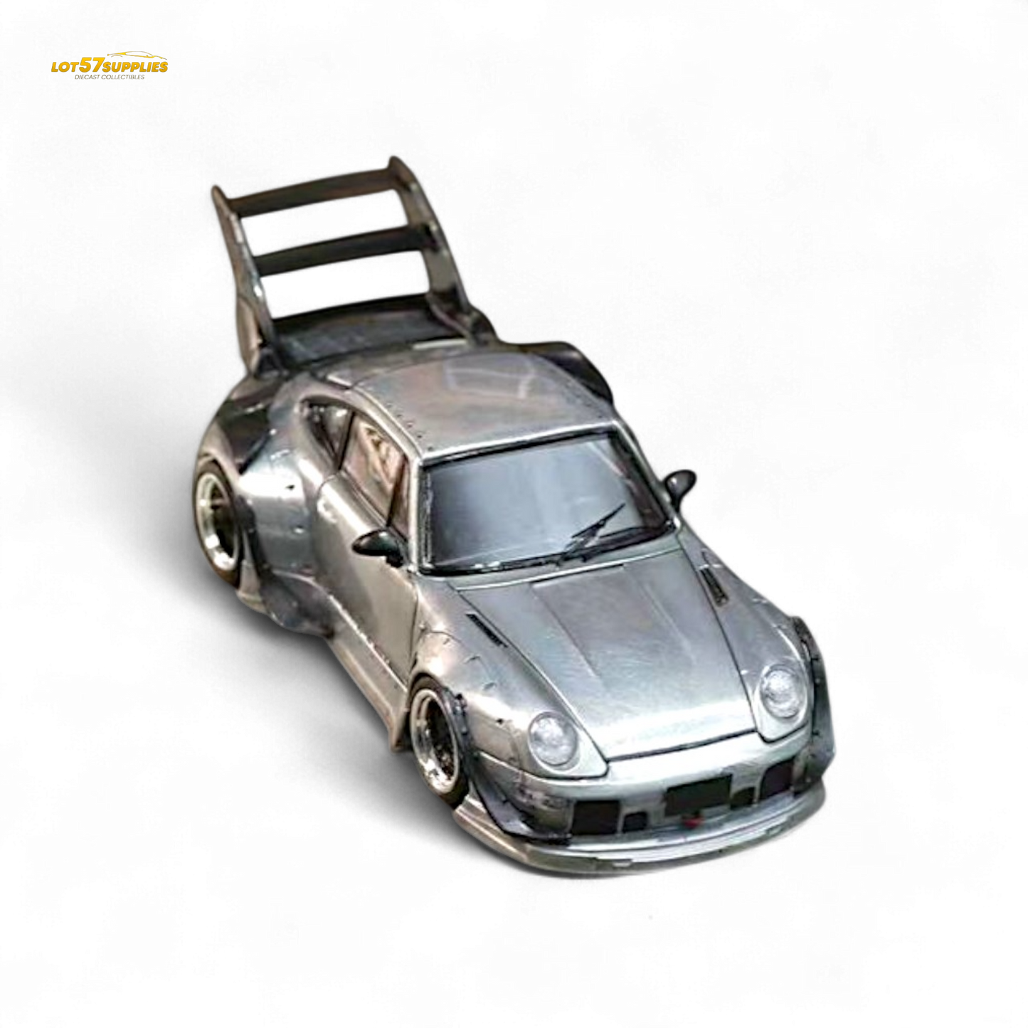Diecast Porsche RWB 993 street weapon model in raw varnish color with high wing, 1:64 scale, by Lot57Supplies Diecast Shop.