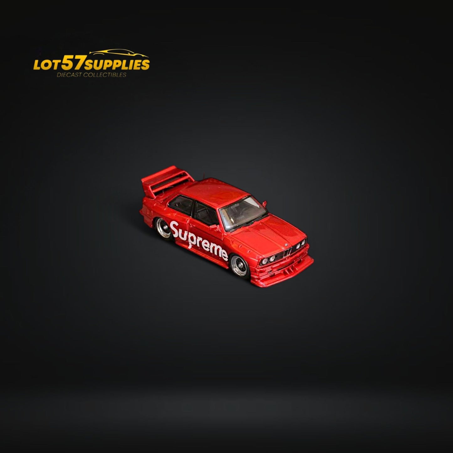 Red livery BMW E30 diecast model car by Lot57Supplies, 1:64 scale, detailed street weapon design.