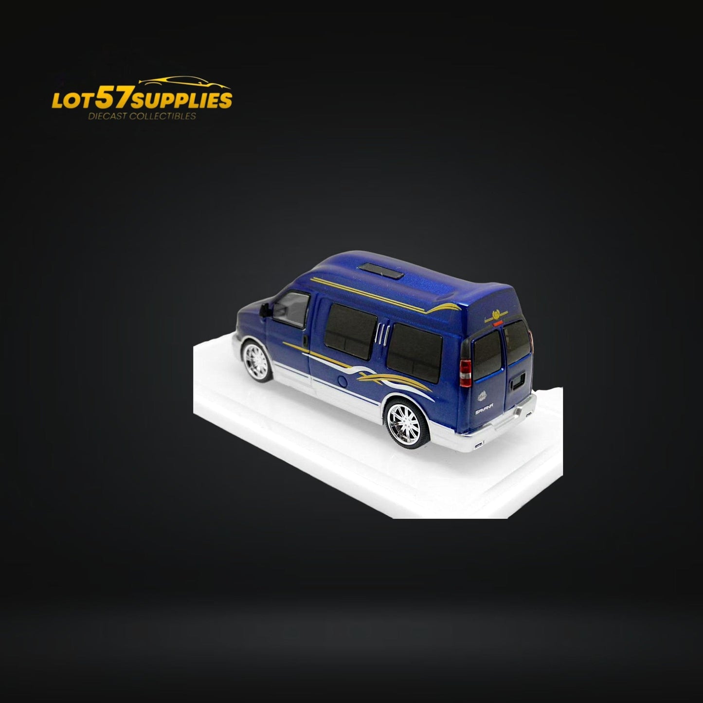 Blue and silver 1:64 scale GMC Savana diecast model by Lot57Supplies Diecast Shop with detailed exterior features.