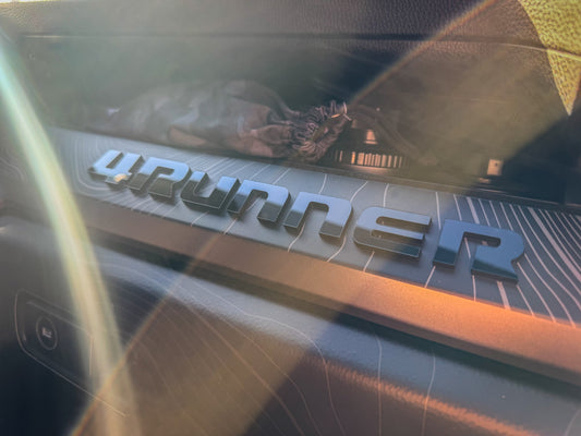 Vinyl "4RUNNER" dash letters with template for 2025+ Toyota 4Runner interior decor, shown on a white background.