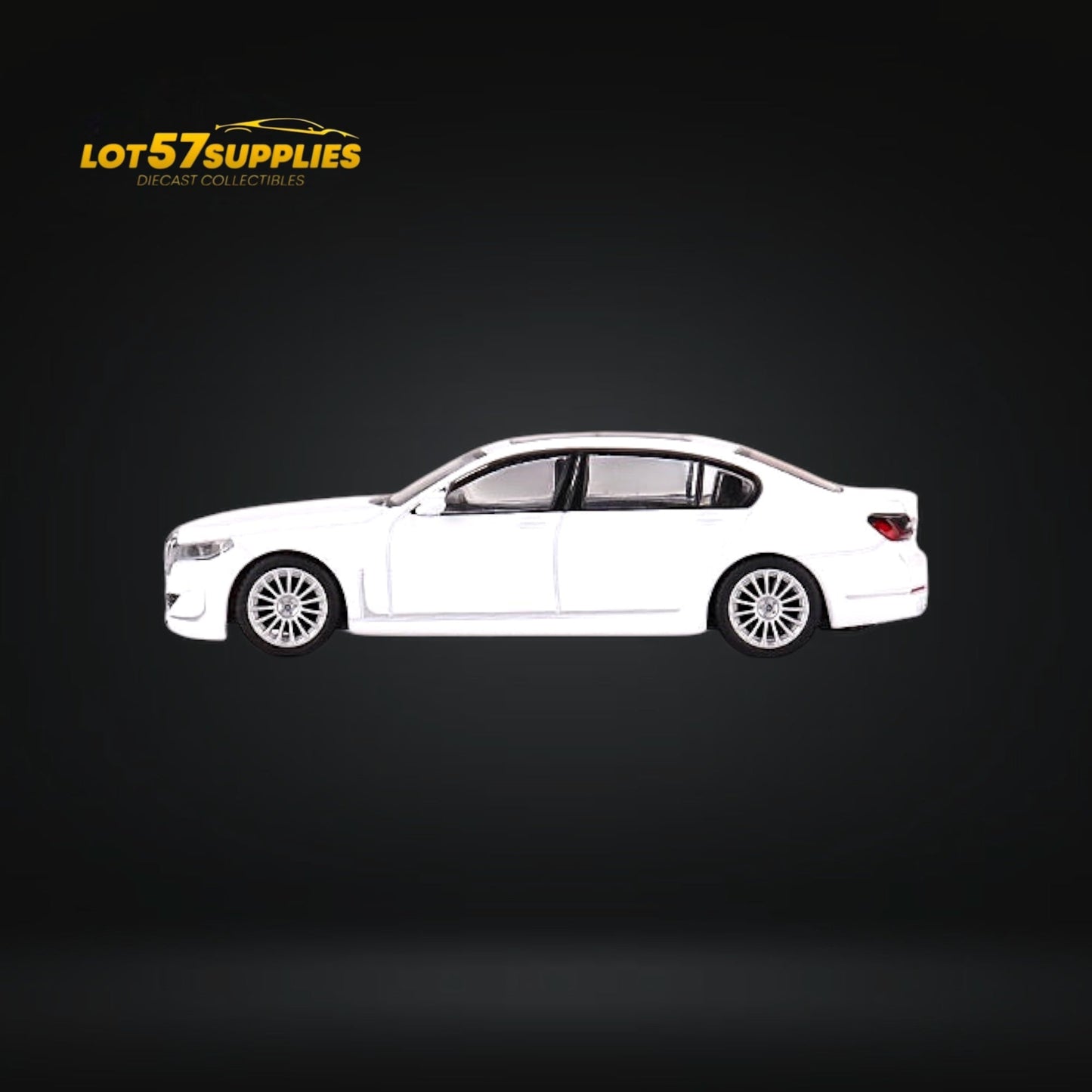 Mini GT BMW Alpina B7 xDrive diecast model in Alpine White, 1:64 scale, detailed BMW luxury car collectible.