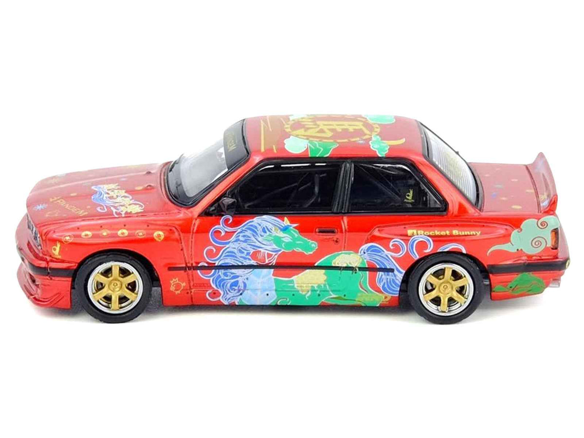 Miniature Motors Pandem Rocket Bunny E30 diecast model car in red metallic with Chinese New Year graphics, limited edition 1/64 scale.