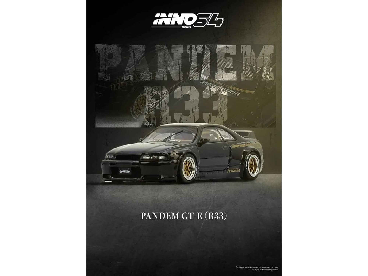 Black Nissan Skyline GT-R BCNR33 diecast model car by Miniature Motors with Pandem Rocket Bunny body kit, RHD, 1/64 scale.