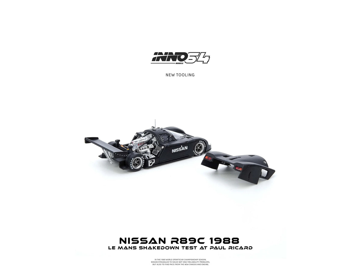 Miniature Motors Nissan R89C diecast model car in matte black, celebrating the 1988 Le Mans test at Paul Ricard.