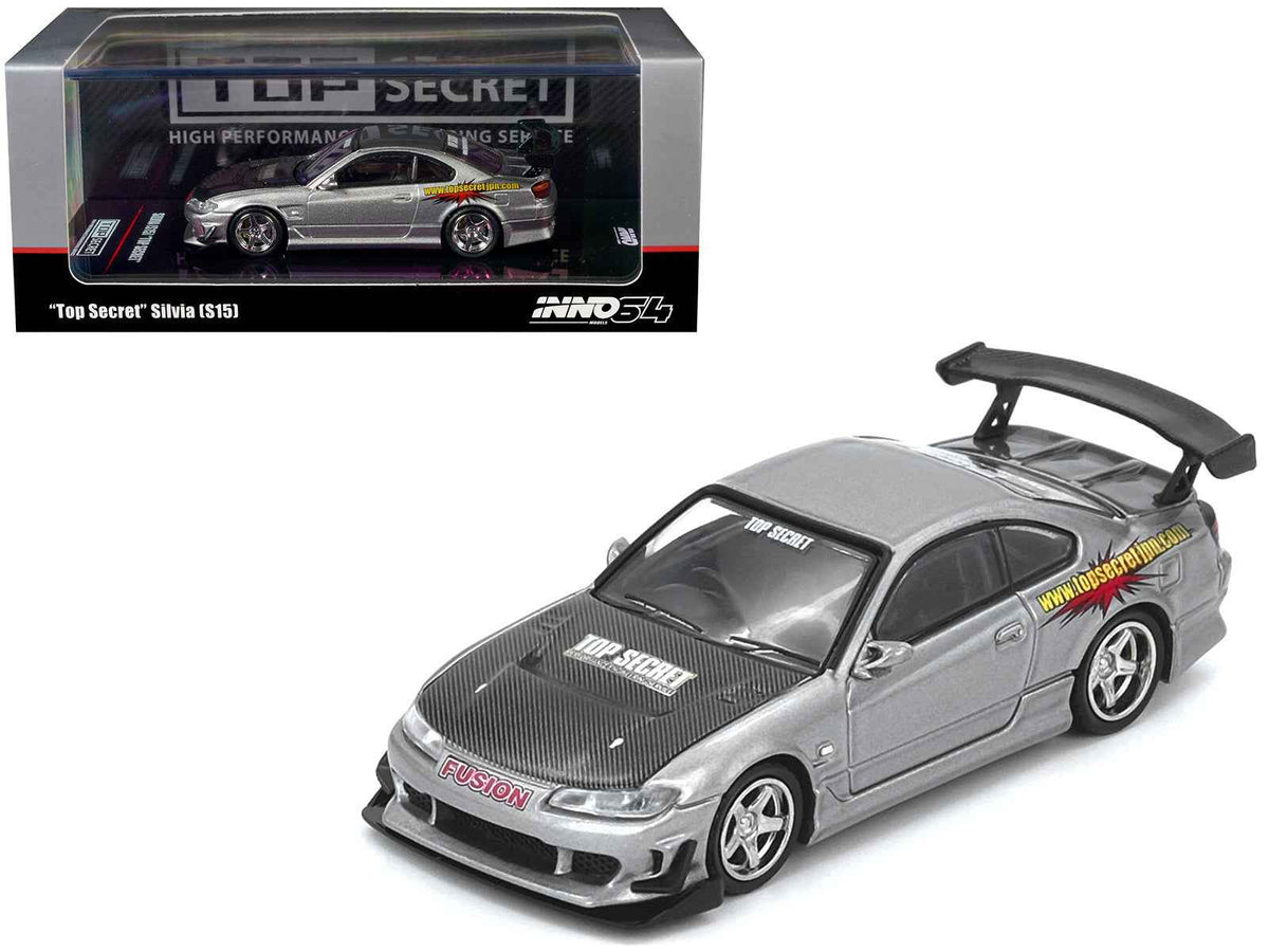 Silver metallic Nissan Silvia S15 "Top Secret" RHD diecast model car with carbon hood, detailed miniature by Miniature Motors.