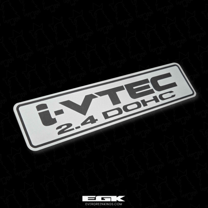 Honda K24 i-VTEC DOHC 2.4L engine cover decal by Evergreen Kings, featuring bold lettering on a sleek black background.