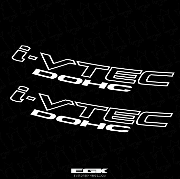 Pair of Evergreen Kings i-VTEC DOHC door and quarter panel decals in OEM size on a clear background.