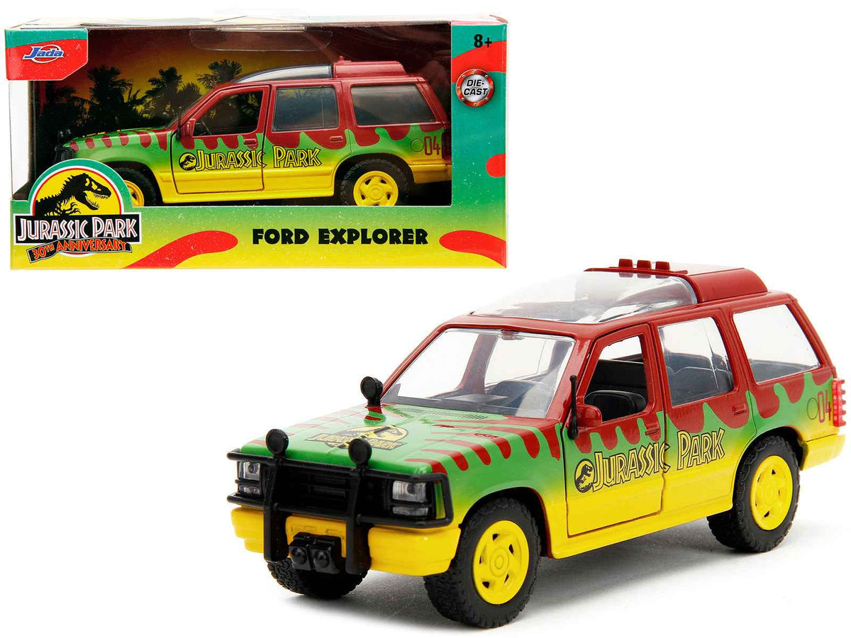 Red and yellow Ford Explorer Jurassic Park diecast model car by Jada from Hollywood Rides series, 1/32 scale, 30th anniversary.