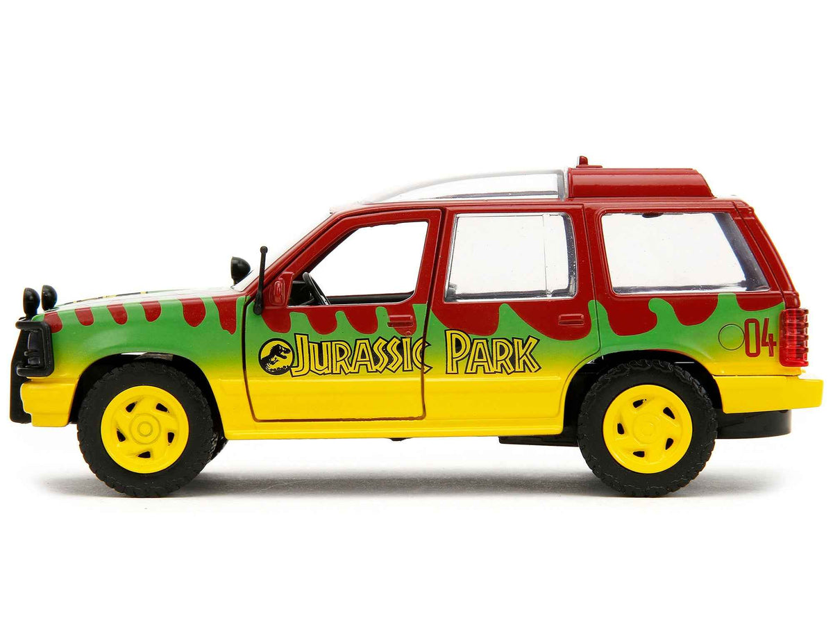 Miniature Motors Ford Explorer Jurassic Park 30th Anniversary diecast model car in red, yellow, and green graphics from Hollywood Rides series.