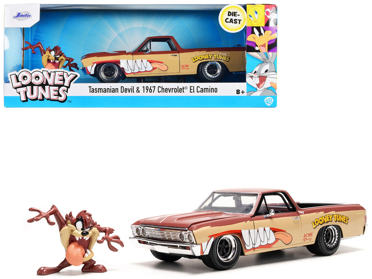 Brown and beige 1967 Chevrolet El Camino diecast model by Miniature Motors with Taz graphics, part of Hollywood Rides series.