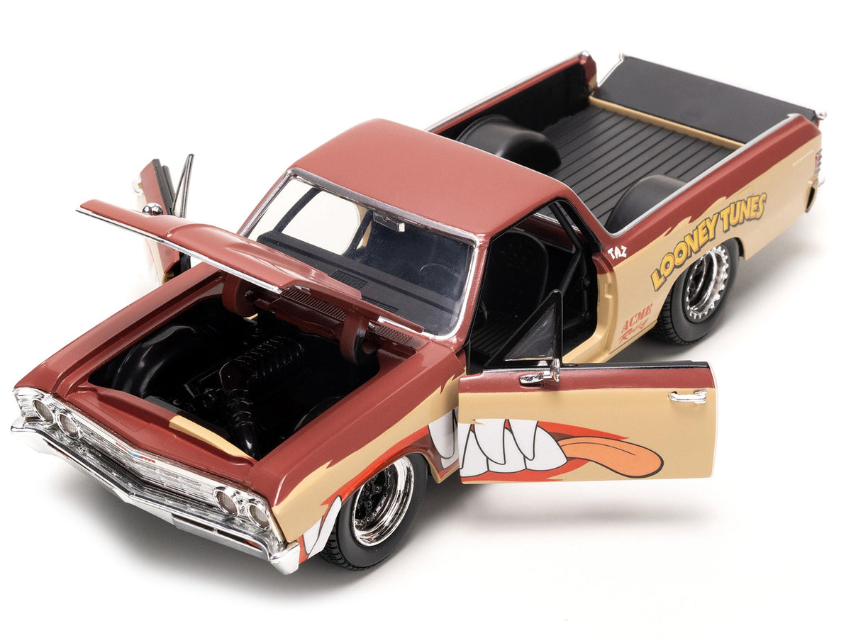 1967 Chevrolet El Camino diecast model by Miniature Motors, brown and beige with graphics and Taz figure from Looney Tunes Hollywood Rides series