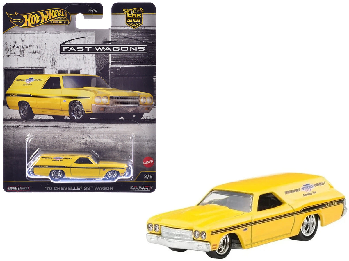 Yellow 1970 Chevrolet Chevelle SS Wagon diecast model by Hot Wheels, part of the "Fast Wagons" series, assembled by Miniature Motors.